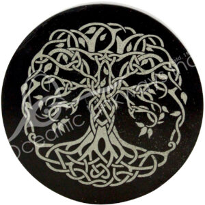 INCENSE HOLDER - ONYX, BLACK WITH PYRITE SLICE WITH TREE OF LIFE ENGRAVED 3"DIA