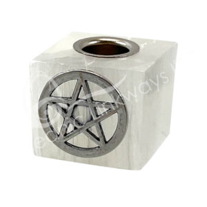 Selenite Cube-Shaped Mini Candle Holder with Pentacle