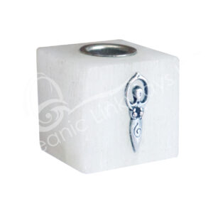 Selenite Cube-Shaped Mini Candle Holder with Goddess
