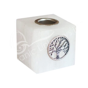 Selenite Cube-Shaped Mini Candle Holder with Tree of Life