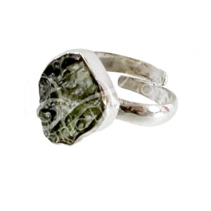 STERLING SILVER - RING, ADJUSTABLE NATURAL MOLDAVITE 20 MM DIA