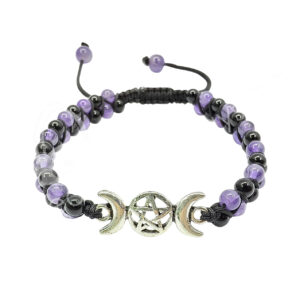 BRACELET - ADJUSTABLE DOUBLE ROW TRIPLE MOON CHARM WITH BLACK AGATE & AMETHYST (4 MM) 6.7-8.65"