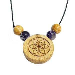Flower of Life Engraved with Amethyst Palo Santo Disc Necklace