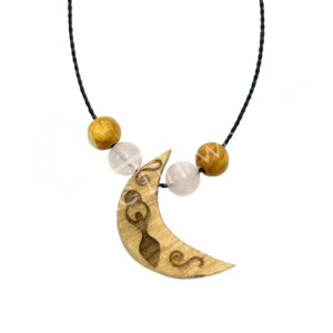 Necklace Half Moon with Goddess Engraved and 2 Beads of Palo Santo and Crystal Quartz