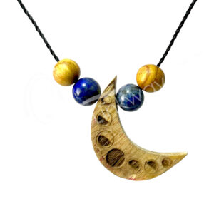 Necklace Half Moon with Moon Phases Engraved and 2 Beads of Palo Santo and Sodalite 32"L