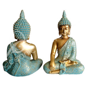 GOLD & VERDIGRIS BUDDHA TOUCHING THE EARTH STATUE 8.40"L X 12.60"H