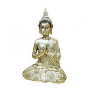 GOLD ANTIQUE BUDDHA IN PRAYER STATUE 5.90"L X 9.05"H