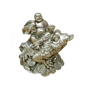 GOLD HAPPY BUDDHA WITH MONEY FROG STATUE 3.95"L X 3.95"H