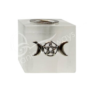 Selenite Cube-Shaped Mini Candle Holder with Triple Moon & Pentacle
