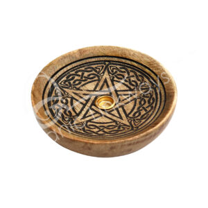 Pentacle & Celtic Knot Laser Engraved Mango Wood Incense Holder 5" Diameter