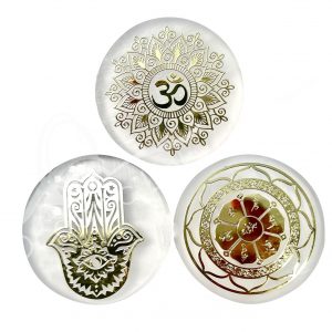 Om & Fatima Hand Design Selenite Charger Plaque