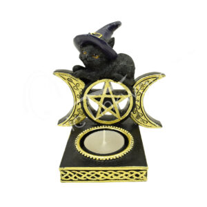 Black Cat, Triple Moon & Pentacle Tealight Candle Holder 4.15"L X 3.35"W