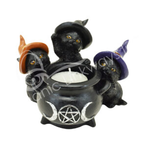 Black Cats With Cauldron Tealight Holder 4.65"L X 3.95"W X 3.35"H