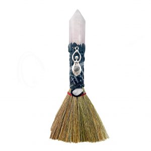 Rose Quartz Point Witch Broom with Goddess 7-7.5"L