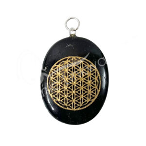 Black Tourmaline Worry Stone Pendant with Flower of Life