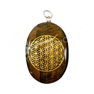Tiger Eye Worry Stone Pendant with Flower of Life