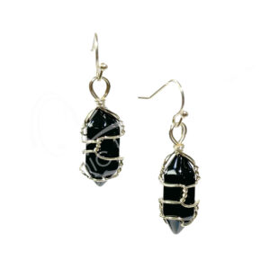 Black Obsidian Wire Wrap Brass Earrings