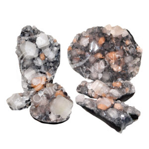 SPECIMEN - APOPHYLLITE & PEACH STILBITE ON BLACK CHALCEDONY 2-14"