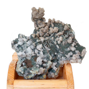 SPECIMEN - CHALCEDONY, CORAL & QUARTZ ON WOOD STAND 10 X 6 X 8.5"