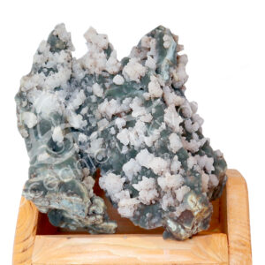 SPECIMEN - CHALCEDONY, CORAL & QUARTZ ON WOOD STAND 8.5 X 7.5 X 6"