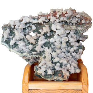 SPECIMEN - CHALCEDONY, CORAL & QUARTZ ON WOOD STAND 10 X 6 X 11"