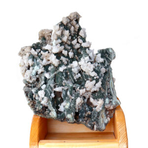 SPECIMEN - CHALCEDONY, CORAL & QUARTZ ON WOOD STAND 12 X 7 X 9"