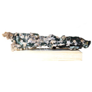 SPECIMEN - CHALCEDONY, CORAL & QUARTZ ON WOOD STAND 14 X 5 X 5"