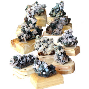 SPECIMEN - CHALCEDONY, CORAL & QUARTZ ON WOOD BASE 4-6"
