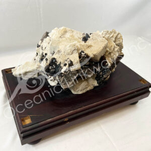 SPECIMEN - ALBITE WITH GREEN MICA & BLACK TOURMALINE ON WOOD BASE 17"L X 8"W