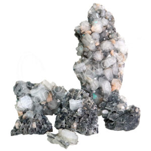 SPECIMEN - APOPHYLLITE & STILBITE ON BLACK CHALCEDONY 2-15"