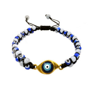 BRACELET - ADJUSTABLE DOUBLE ROW EVIL EYE CHARM WITH EVIL EYE GLASS & ANGELITE (4 MM) 6.7-8.65"