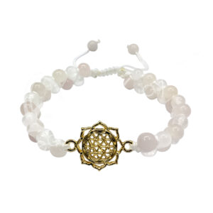 BRACELET - ADJUSTABLE DOUBLE ROW FLOWER OF LIFE IN LOTUS CHARM WITH SELENITE & ROSE QUARTZ (4 MM) 6.7-8.65"