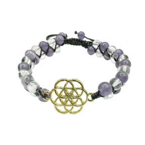 BRACELET - ADJUSTABLE DOUBLE ROW SEED OF LIFE CHARM WITH AMETHYST & CRYSTAL QUARTZ (4 MM) 6.7-8.65"
