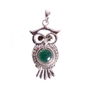 (CLOSE OUT) STERLING SILVER - PENDANT OWL GREEN STONE 0.75"W X 2"L