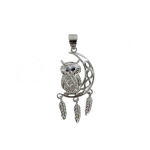 Owl on Moon with Feather Sterling Silver Pendant