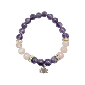 Amethyst and Rose Quartz with Lotus Charm Elastic Bracelet