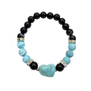 Black Onyx and Turquoise with Nugget Charm Elastic Bracelet