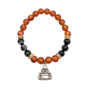 Red Agate and Black Onyx with Happy Buddha Charm Elastic Bracelet