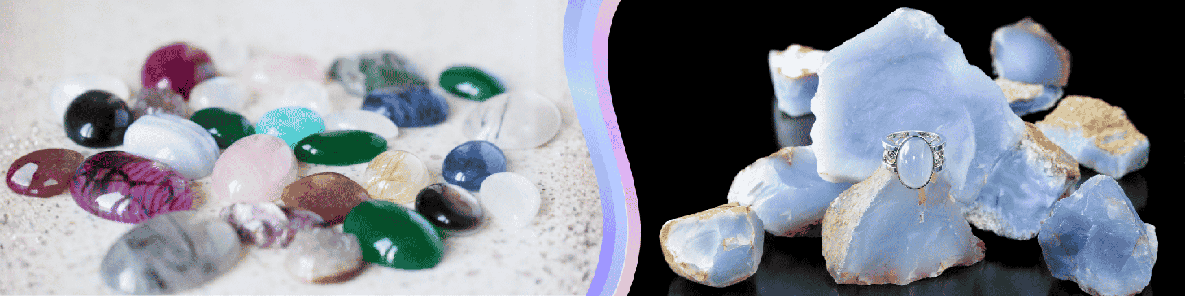 Cabochons arranged in a circular pattern, shown from a low-angle front view on the left, with a ring adorned with a cabochon stone placed on a rough blue stone.