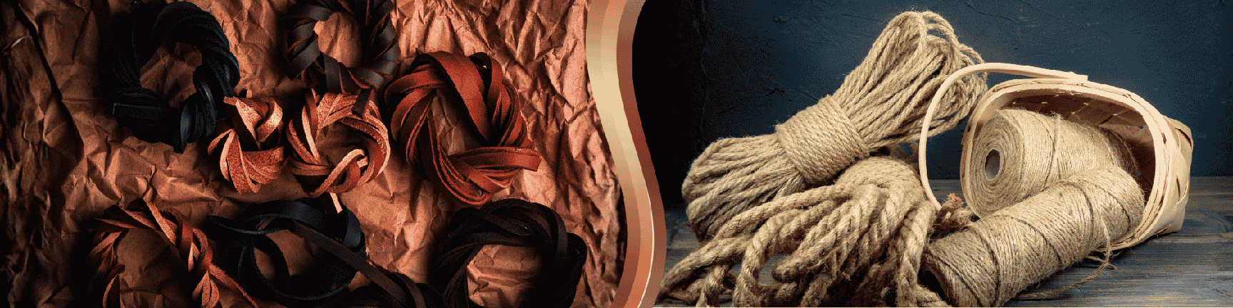 A split composition showing decorative rope knots in warm tones arranged on the left side over a textured background, and natural jute rope spools and coils displayed on the right side.