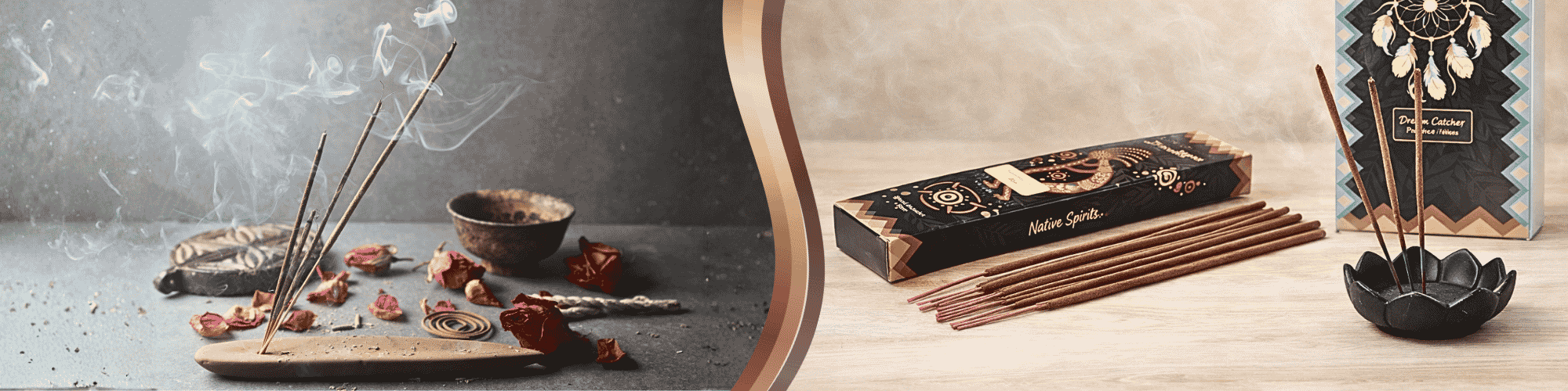 An incense stick displayed on a table to the right, and a burning incense stick in an incense holder surrounded by rose petals as decoration.