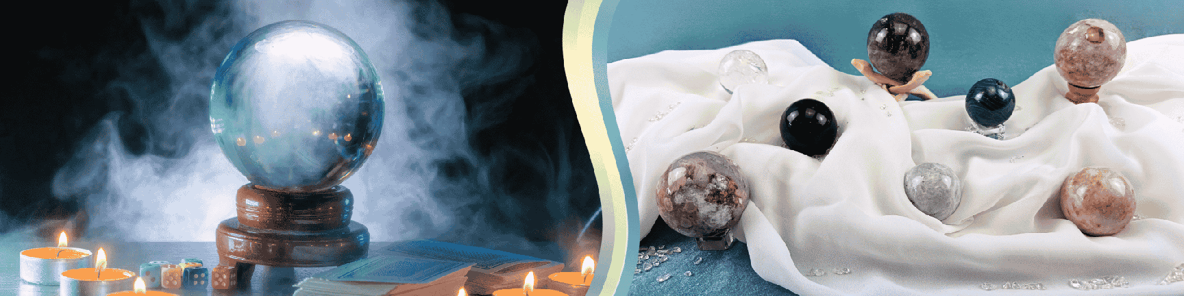 A crystal sphere placed on a wooden stand with a smoky background on the left, and several sphere stones, some on stands, arranged on and beside a white cloth.
