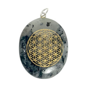 Rainbow Moonstone with Engraved Gold Flower of Life Worry Stones Pendant