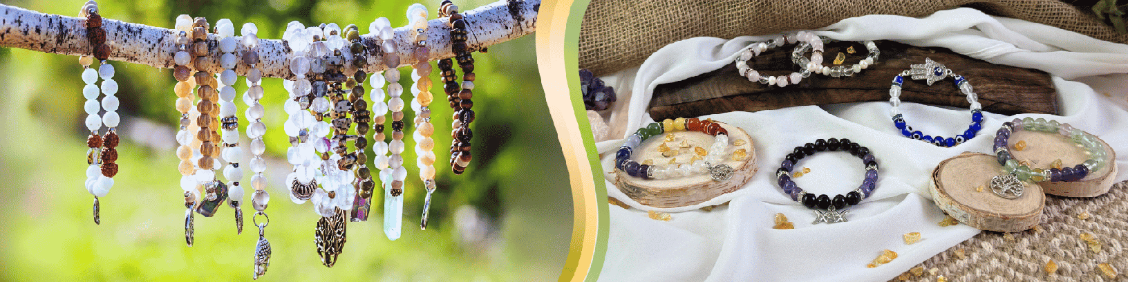 To the left, a few bracelets are suspended on a branch against a green natural background. To the right, some bracelets with charms are displayed on a wood slice and some on white fabric, with some yellow chip stones around them.