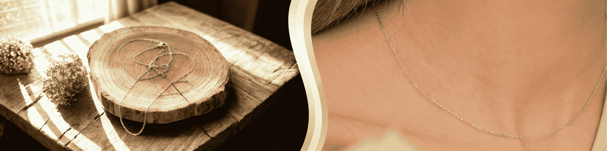 A chain necklace displayed on a wood slice on the left, and a woman wearing a simple chain necklace on the right.