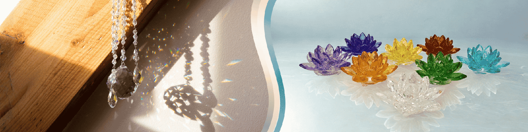 Crystal sun catchers hanging by a window on the left, and colorful lotus-shaped crystal candle holders on the right.
