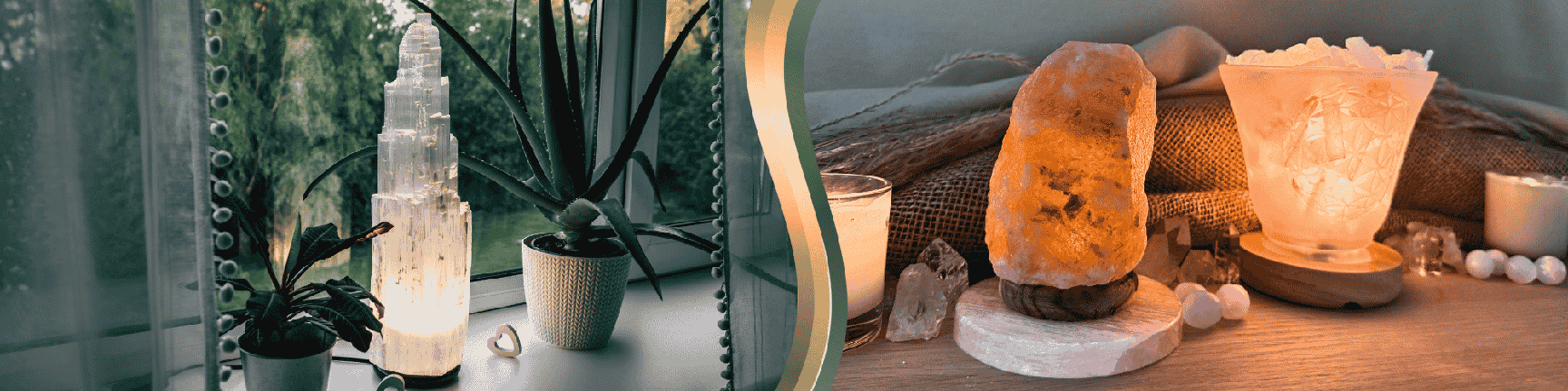 To the left, an iceberg-shaped lamp is displayed with a plant on each side. To the right, two lamps are displayed on a wooden table with stones and candles on each side.