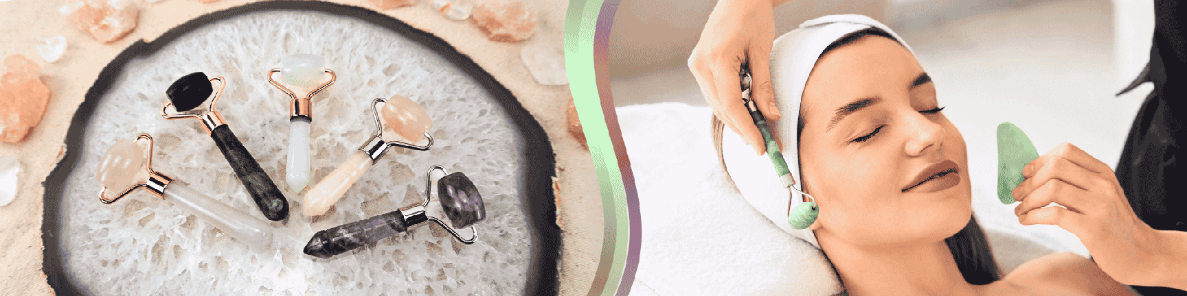 To the left, five massage tools displayed on a stone slab, surrounded by gemstones. To the right, a woman using two different massage tools on her face.