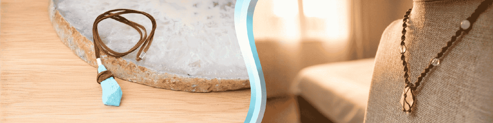 A turquoise necklace on a slice on the left, and a pink necklace with a brown cord on a display stand on the right, with an interior background.