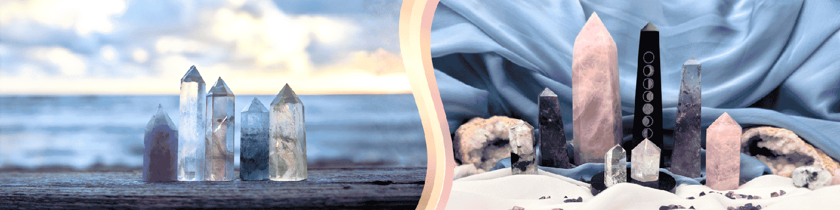 On the left, five standing points are placed side by side with an ocean view in the background. On the right, several standinf points of different shapes and sizes are arranged in a crescent shape, with two small standing points on a black tourmaline plate.